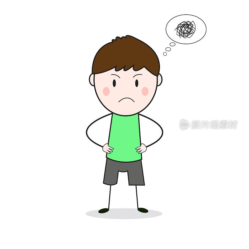 Doodle Stickman Frown Face Standing With Akimbo Pose Green shirt Cartoon Vector